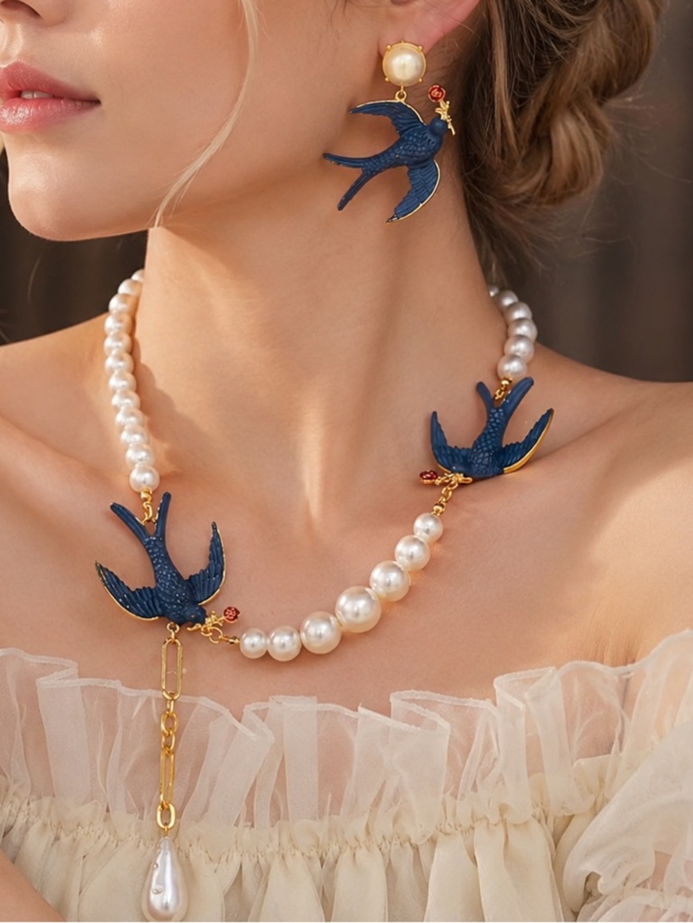 Blue Swallow Necklace Set with Matching Earrings